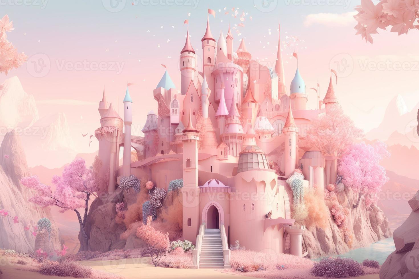 Fairy pink castle. Fantasy dream. Generate Ai photo
