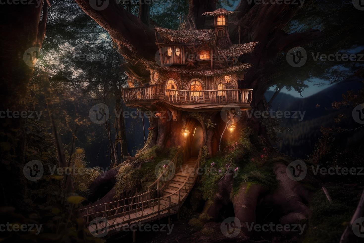 Forest tree house. Magic light in windows. Generate Ai photo