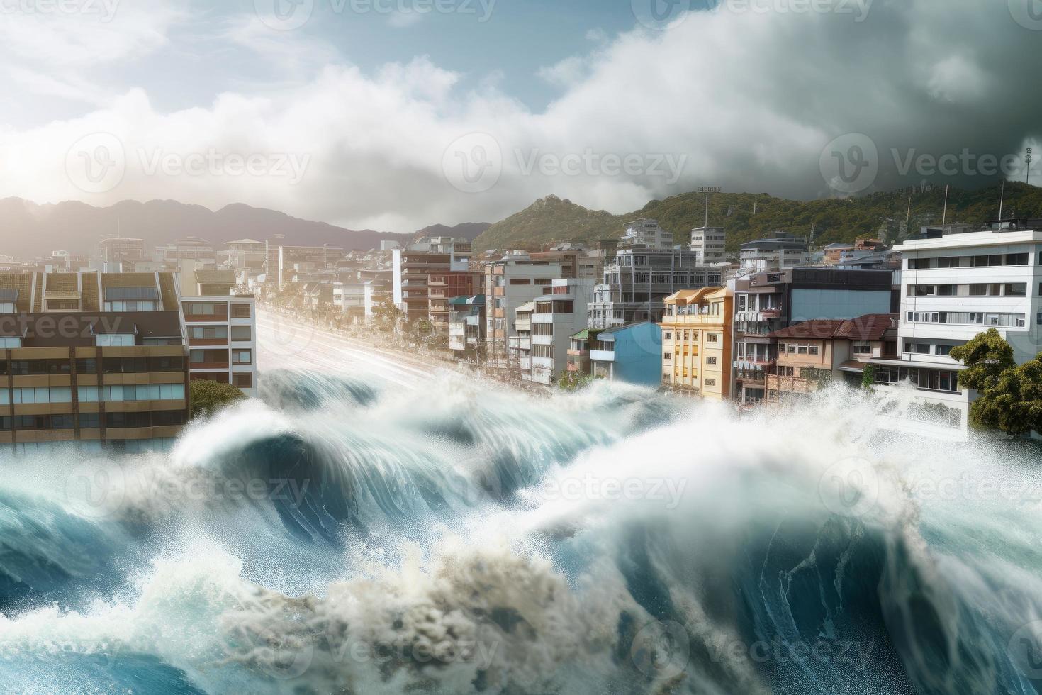 City under tsunami. Wave disaster. Generate Ai photo