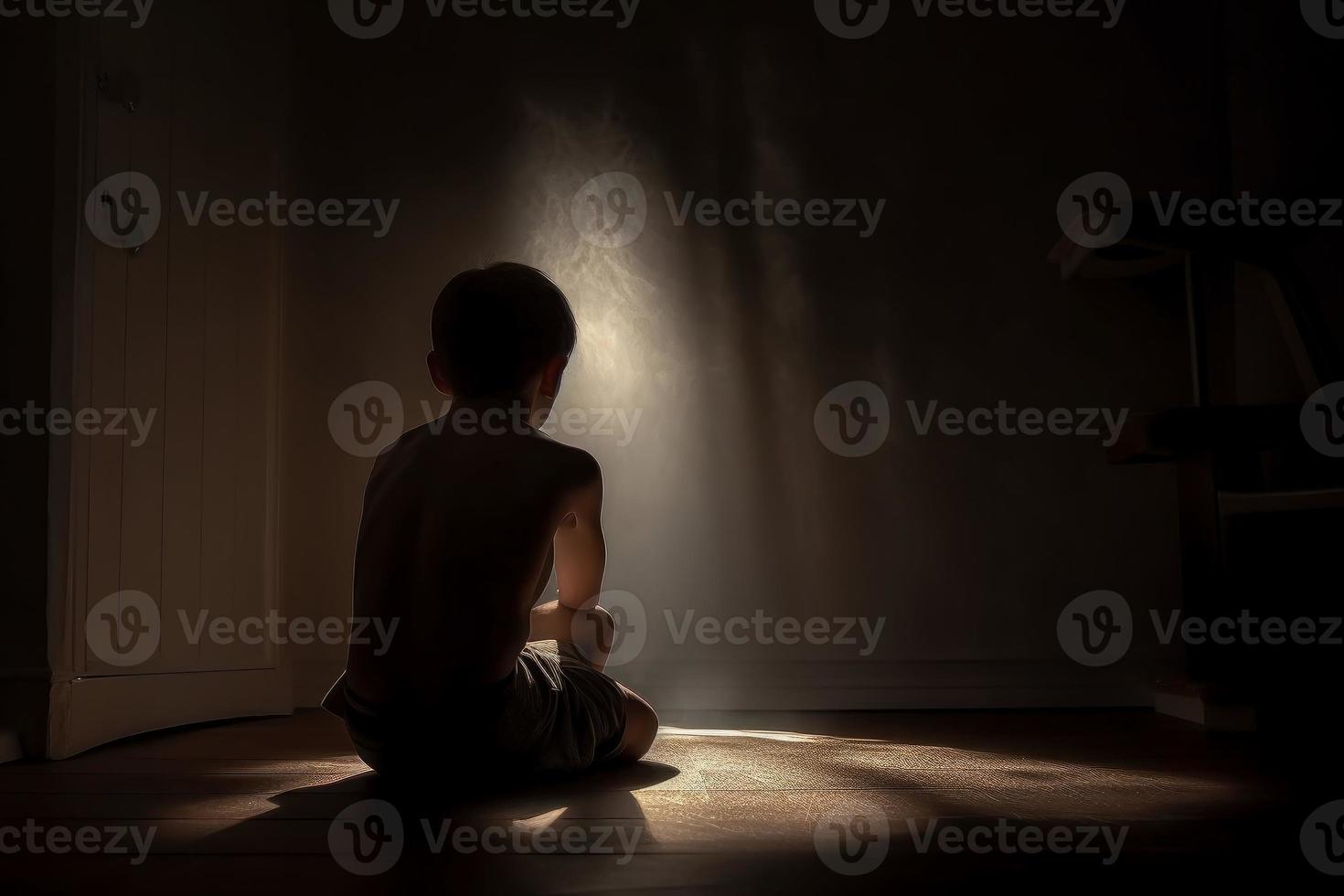 Little boy sitting alone in the dark. Interior fear. Generate Ai photo