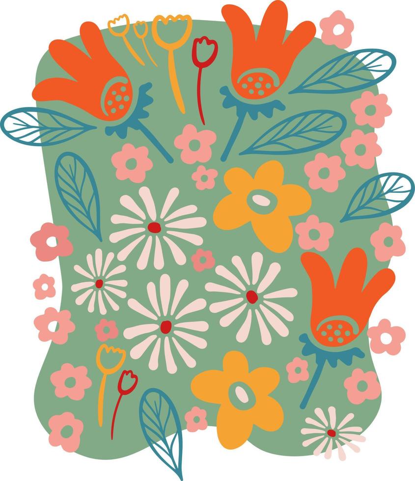 Vector backgrounds with flowers in trendy retro trippy style. Hippie 60s, 70s style. Yellow, orange, beige, green colors.