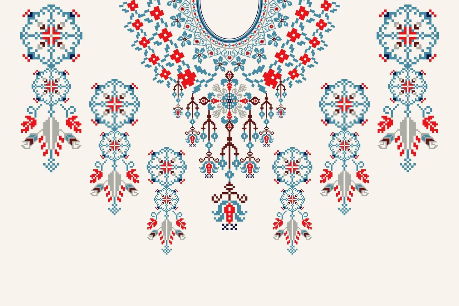 Neckline floral cross stitch embroidery on white background.boho neckline orientalist pattern traditional.Aztec style abstract illustration.design for texture,fabric,fashion women wearing,clothing. vector
