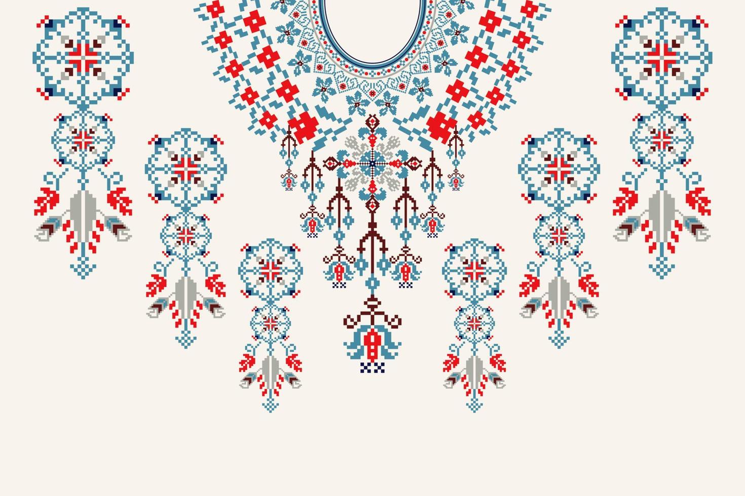 escote floral cruzar puntada bordado en blanco fondo.boho escote orientalista modelo tradicional.azteca estilo resumen ilustración.diseño para textura, tela, moda mujer vistiendo, ropa. vector