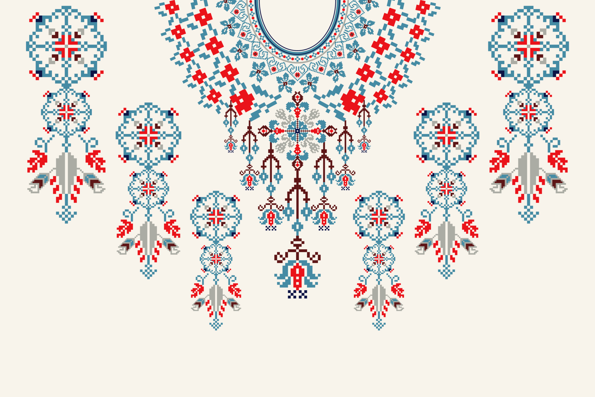 Neckline floral cross stitch embroidery on white background.boho