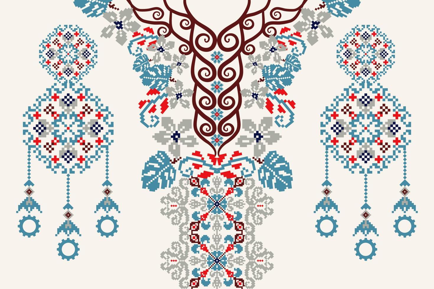 Neckline floral cross stitch embroidery on white background.boho neckline orientalist pattern traditional.Aztec style abstract illustration.design for texture,fabric,fashion women wearing,clothing. vector