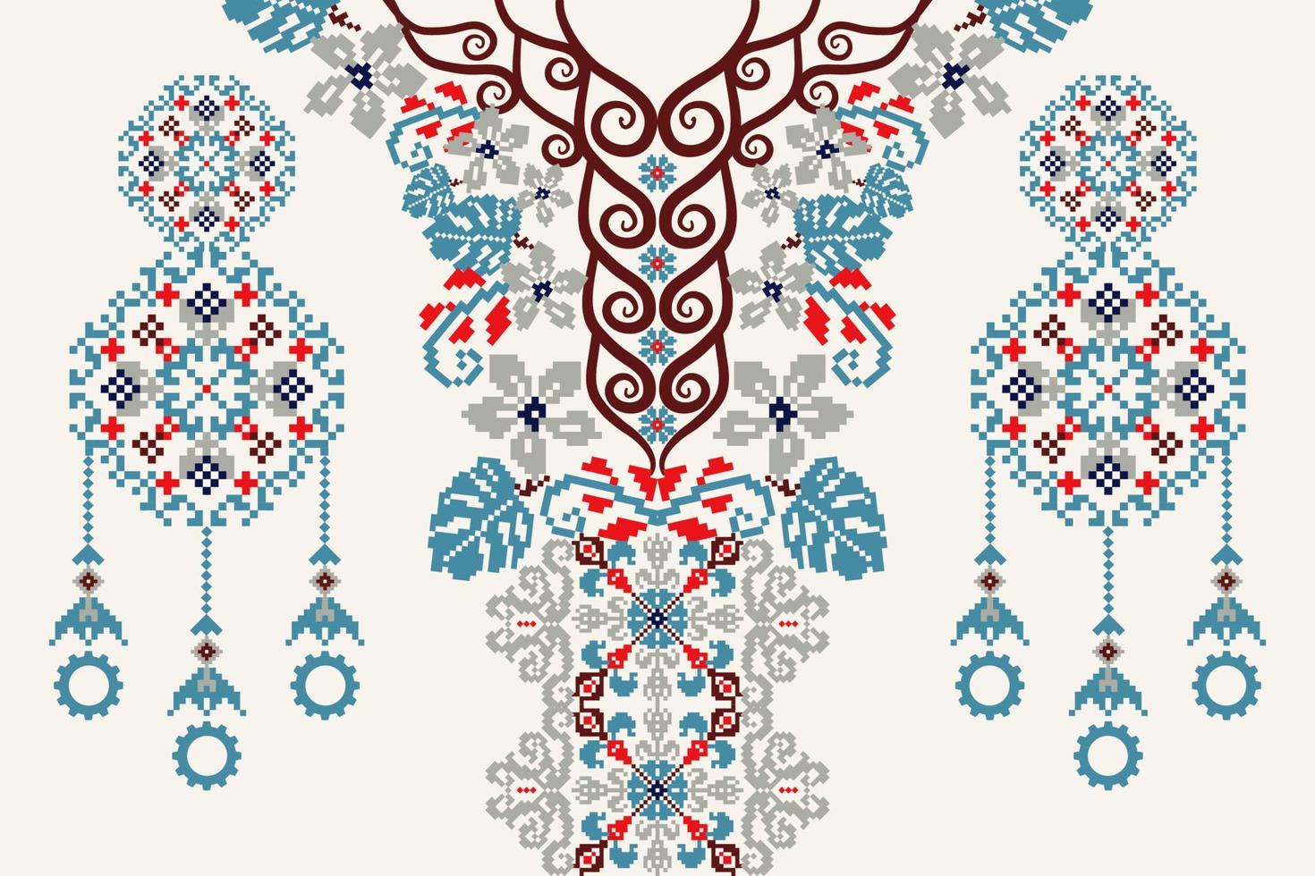 escote floral cruzar puntada bordado en blanco fondo.boho escote orientalista modelo tradicional.azteca estilo resumen ilustración.diseño para textura, tela, moda mujer vistiendo, ropa. vector