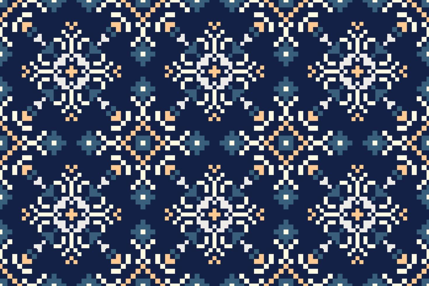 Floral Cross Stitch Embroidery on navy blue background.geometric ethnic oriental seamless pattern traditional.Aztec style abstract vector illustration.design for texture,fabric,clothing,wrapping,print