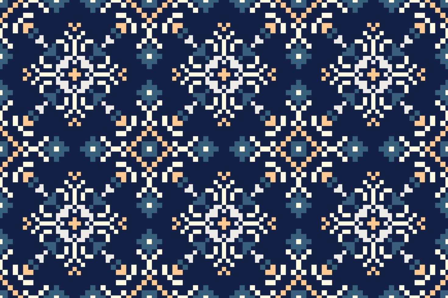 Floral Cross Stitch Embroidery on navy blue background.geometric ethnic oriental seamless pattern traditional.Aztec style abstract vector illustration.design for texture,fabric,clothing,wrapping,print