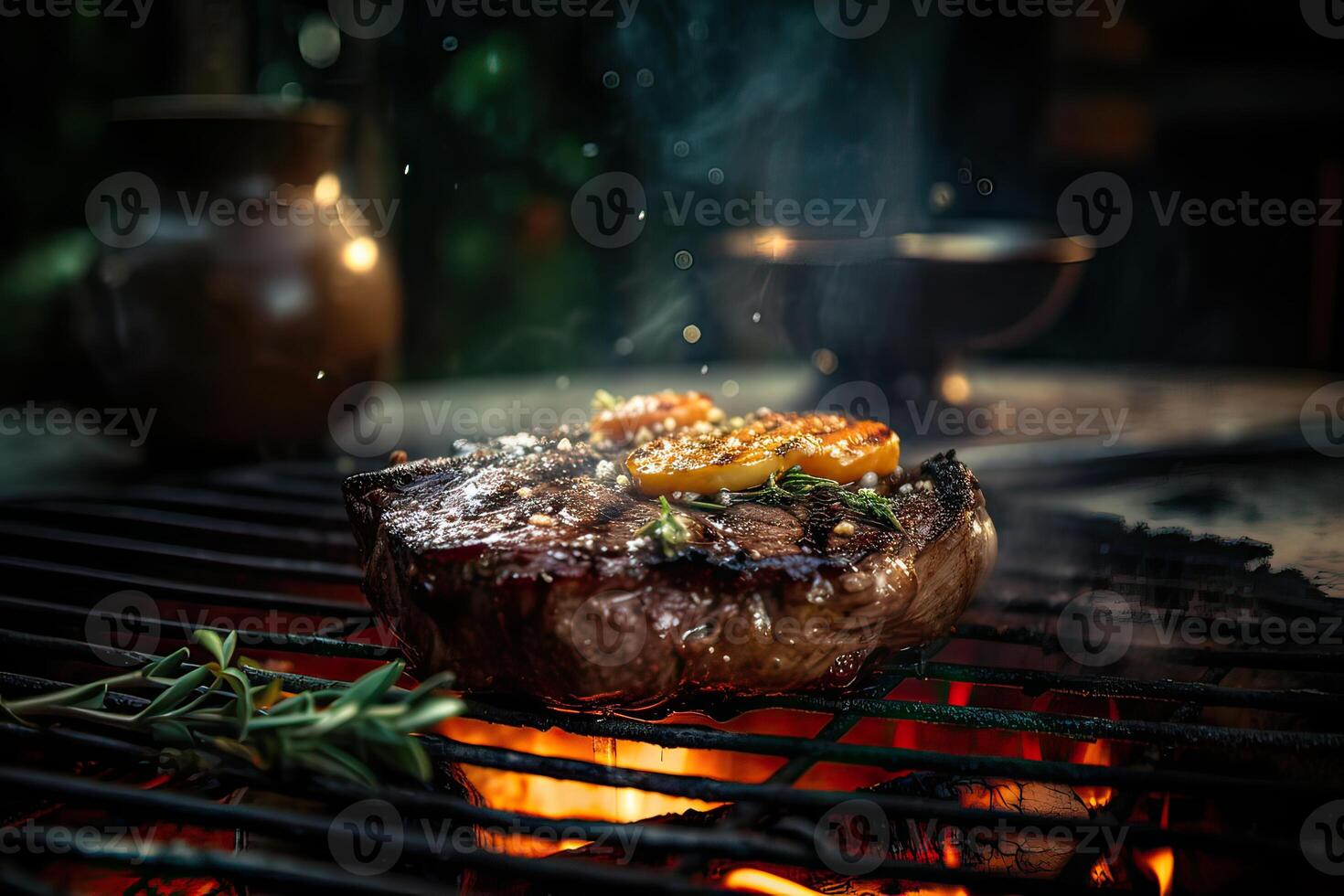 Grilled ribeye beef steak served on wooden board with rosemary, grilled garlic, fork and knife on wooden table. . photo