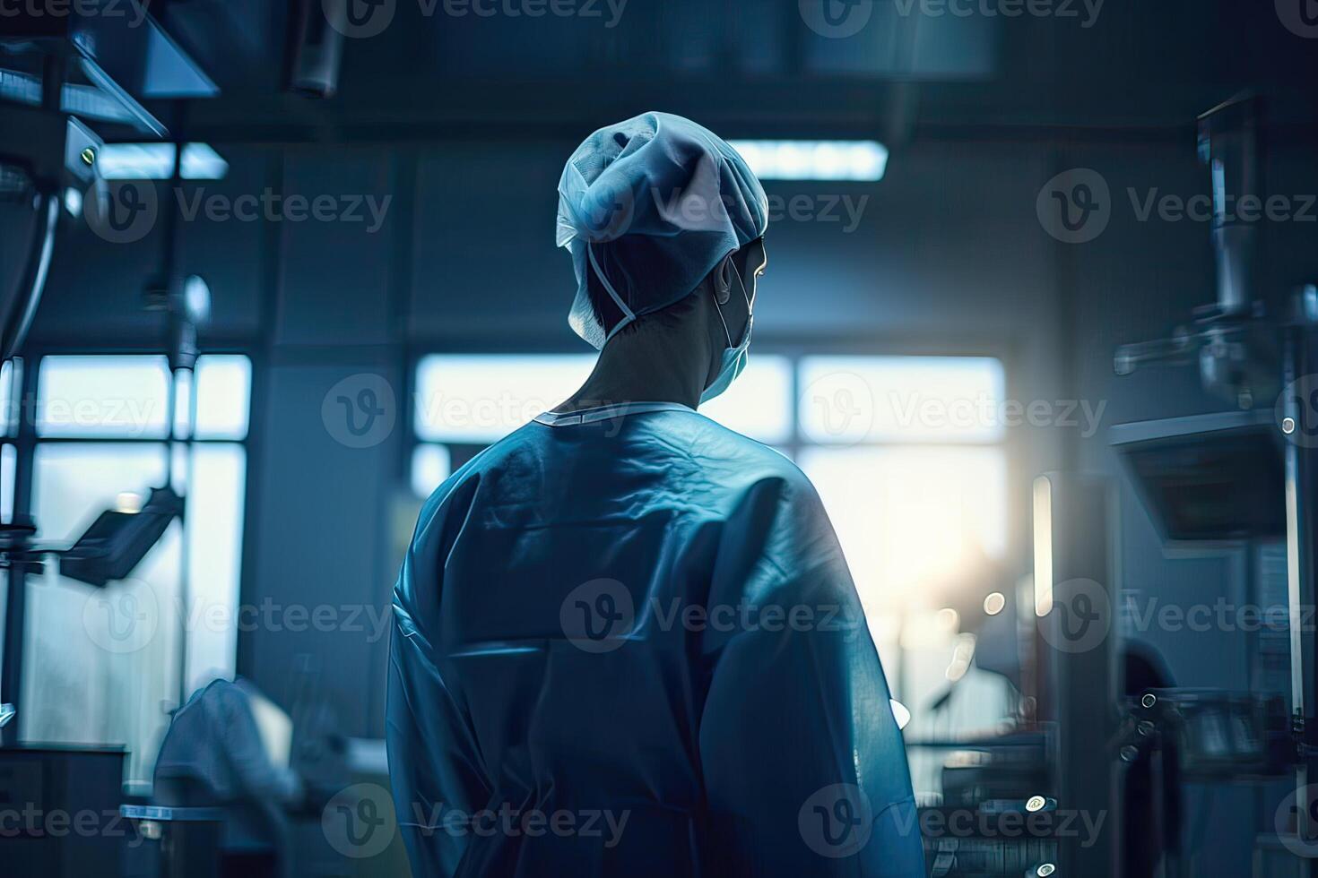 Half body back view of a health care worker standing in a hospital. Non-existent person. . photo