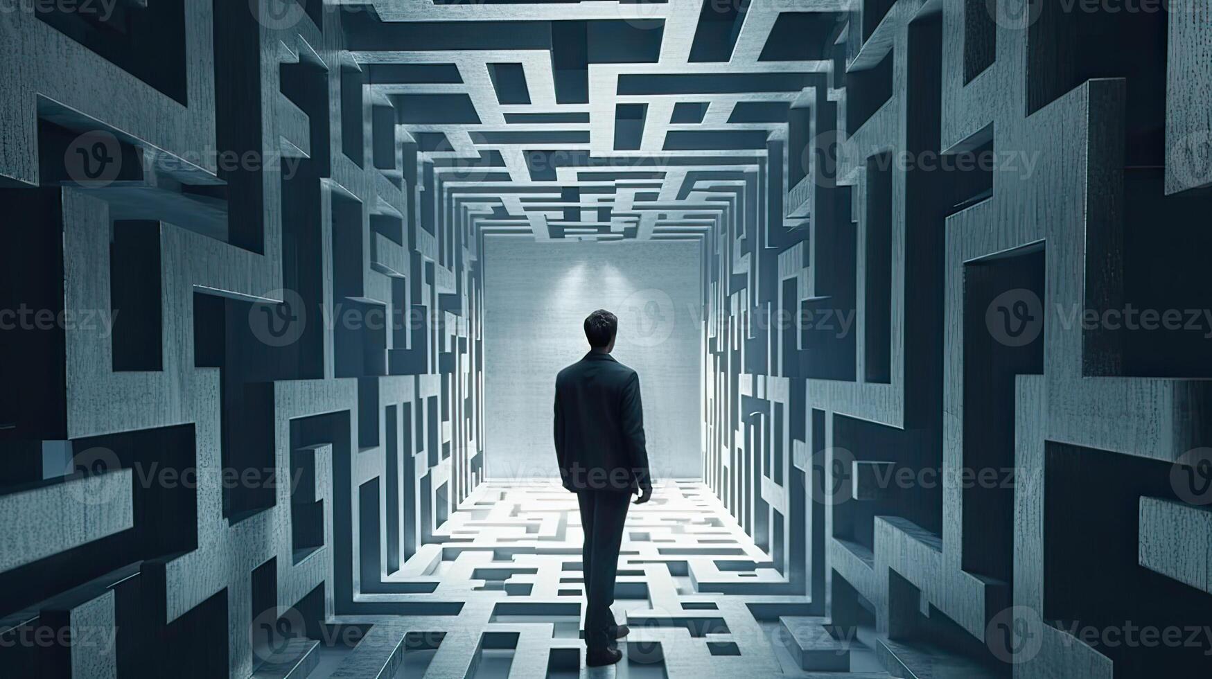 Rearview the businessman walking toward to concrete Maze. Businessman in front of a vast maze. Business and life concept. . photo