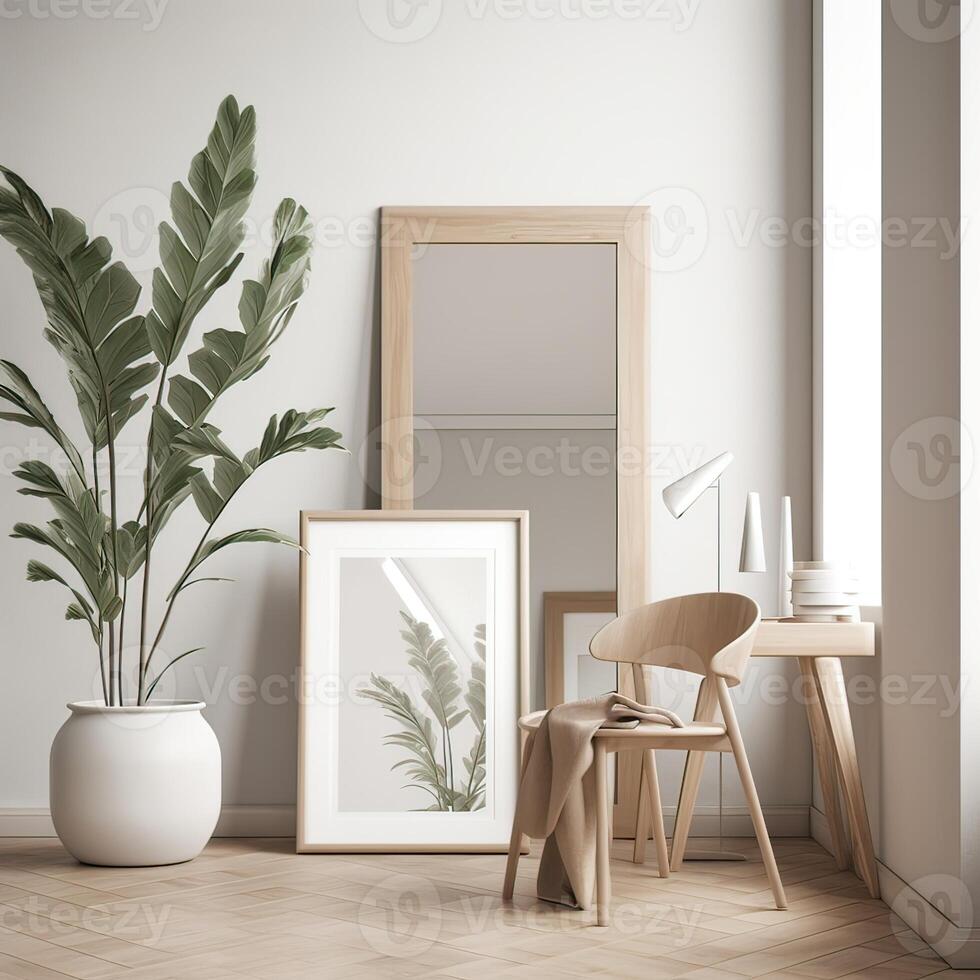 Mock up frame in home interior background, white room with natural wooden furniture, Scandi-Boho style. photo