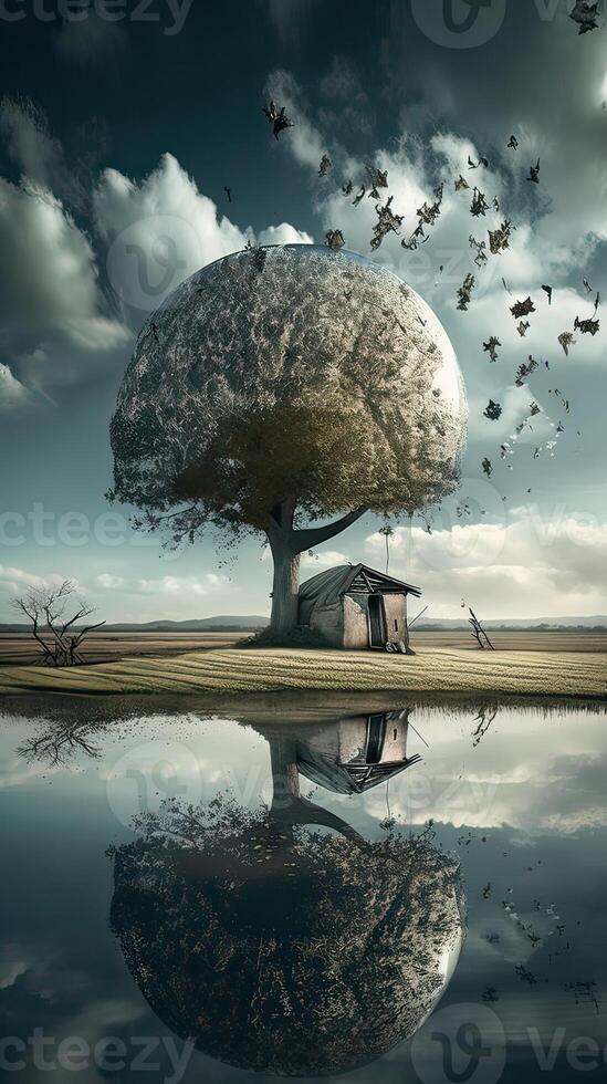 3D illustration home under the tree at filed. Abstract surreal illustration. . photo