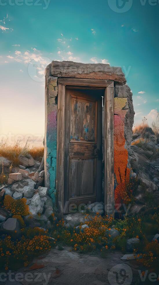 fantasía encantado hada cuento bosque con un mágico apertura secreto de madera puerta.la cuento de hadas azul puerta con cuento de hadas en paraíso. generativo ai. foto