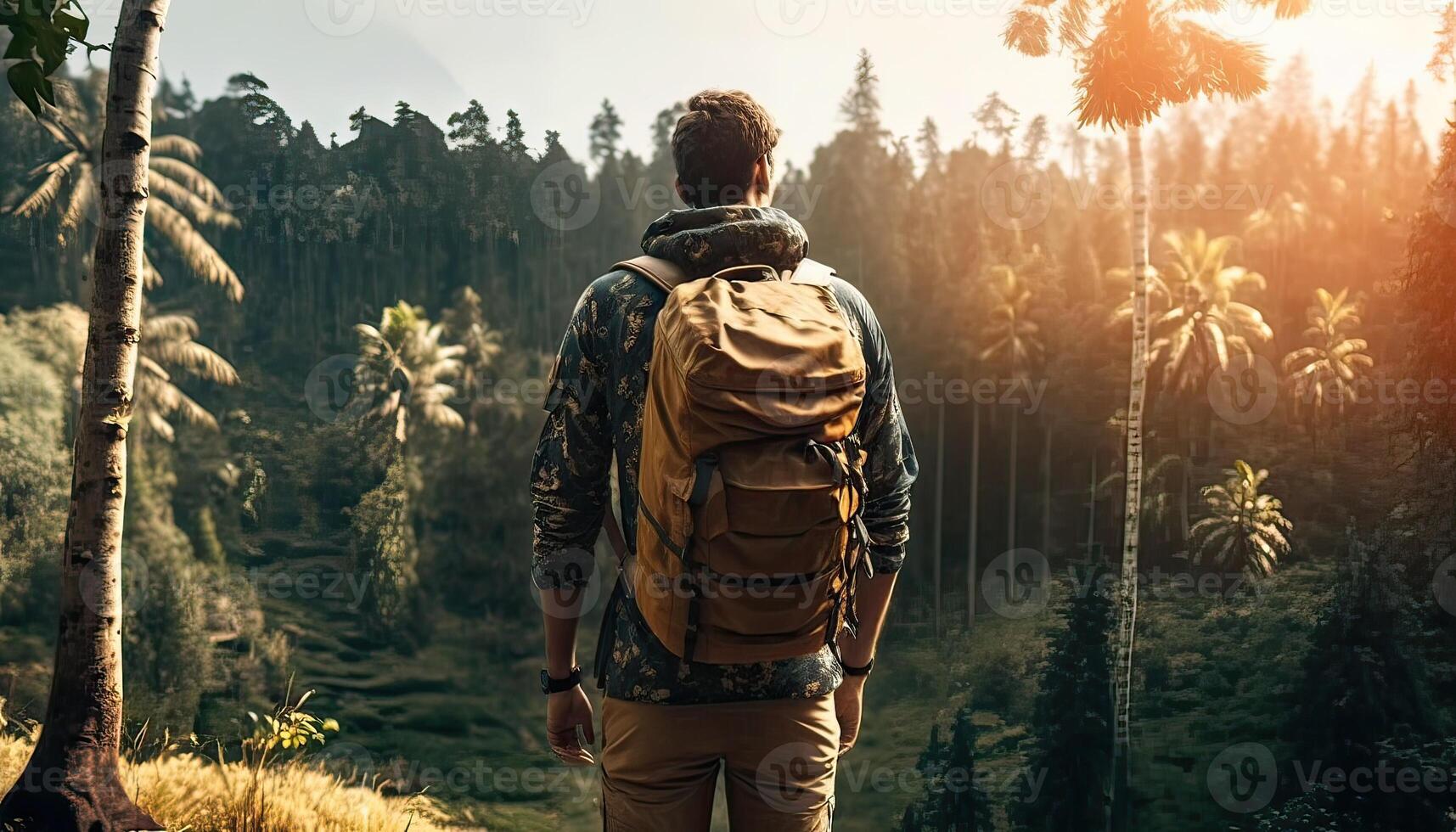 Rear view of man backpack travel in park garden and beautiful nature, Happy male tourist to travel in wild trip hiking during vacation Traveler and holidays. Non-existent person. photo