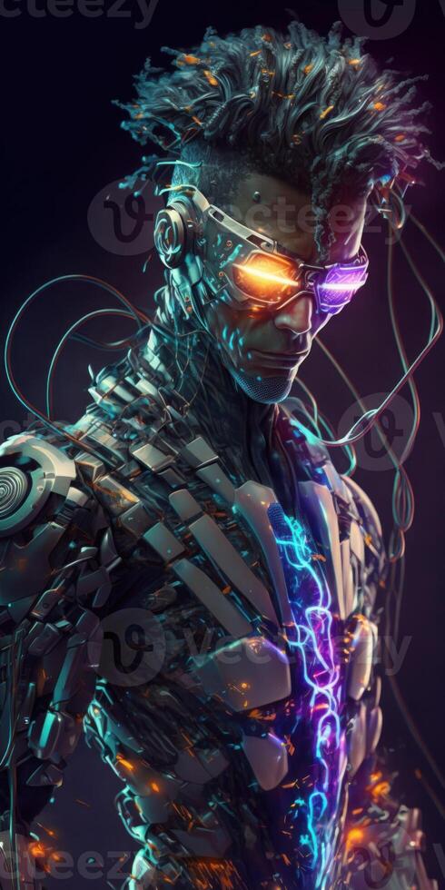 Portrait of a young cyborg man with futuristic color metal virtual reality glasses, cyborg man Augmented Reality, and futuristic vision 3d. Non-existent person. photo