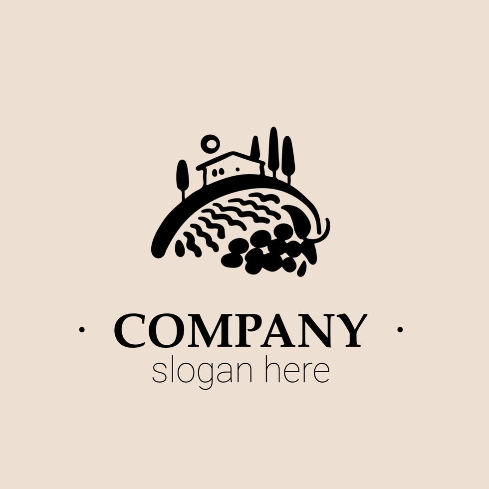 Vector hand-drawn logo Vineyard landscape for wine production, tourism company