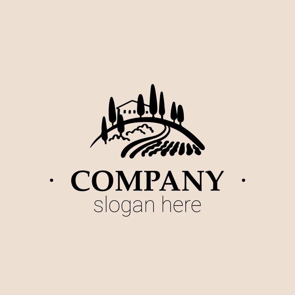 Vector hand-drawn logo Vineyard landscape for wine production, tourism company
