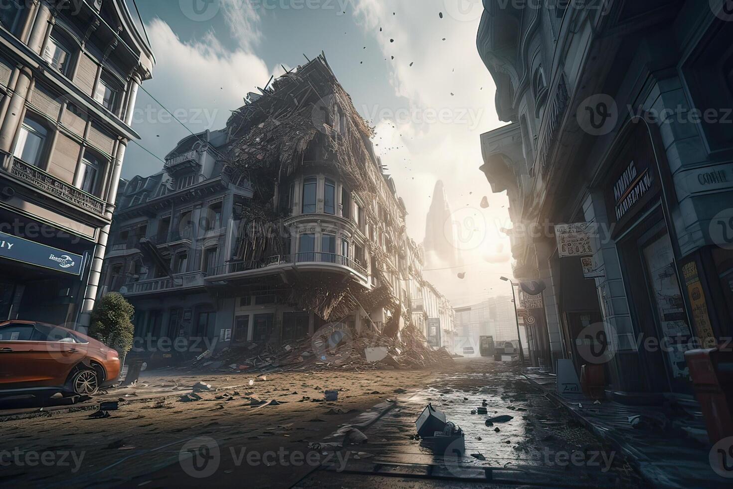 illustration of the tsunami disaster. The outbreak of the unprecedented city Earthquake and tsunami. . photo