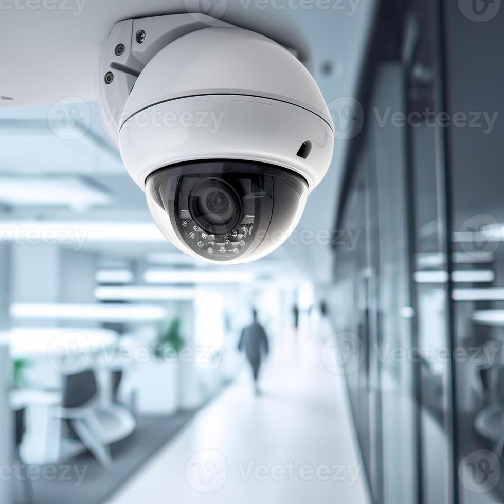 seguridad, cctv cámaras en el oficina edificio, y hogar seguridad sistema concepto con difuminar antecedentes. al aire libre cctv seguridad cámara instalado en el edificio pared en el ciudad. generativo ai foto