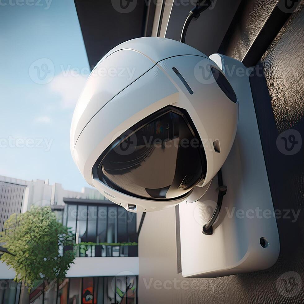 Security, CCTV cameras in the office building, and home security system concept with blur background. Outdoor CCTV Security camera installed on the building wall in the city. photo
