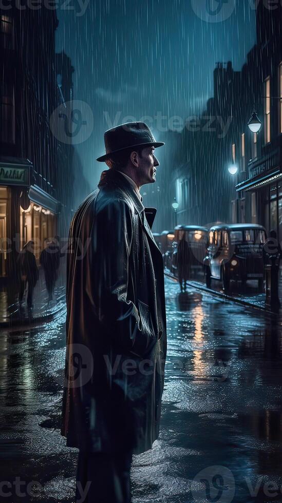 A man was walking alone at night and raining through a dark alleyway in the city. Non-existent person. . photo