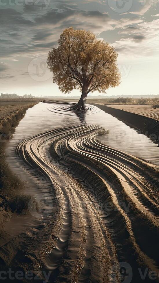 illustration art of Landscape, tree on meadow at sunrise with sun and mist.Abstract surreal illustration. . photo