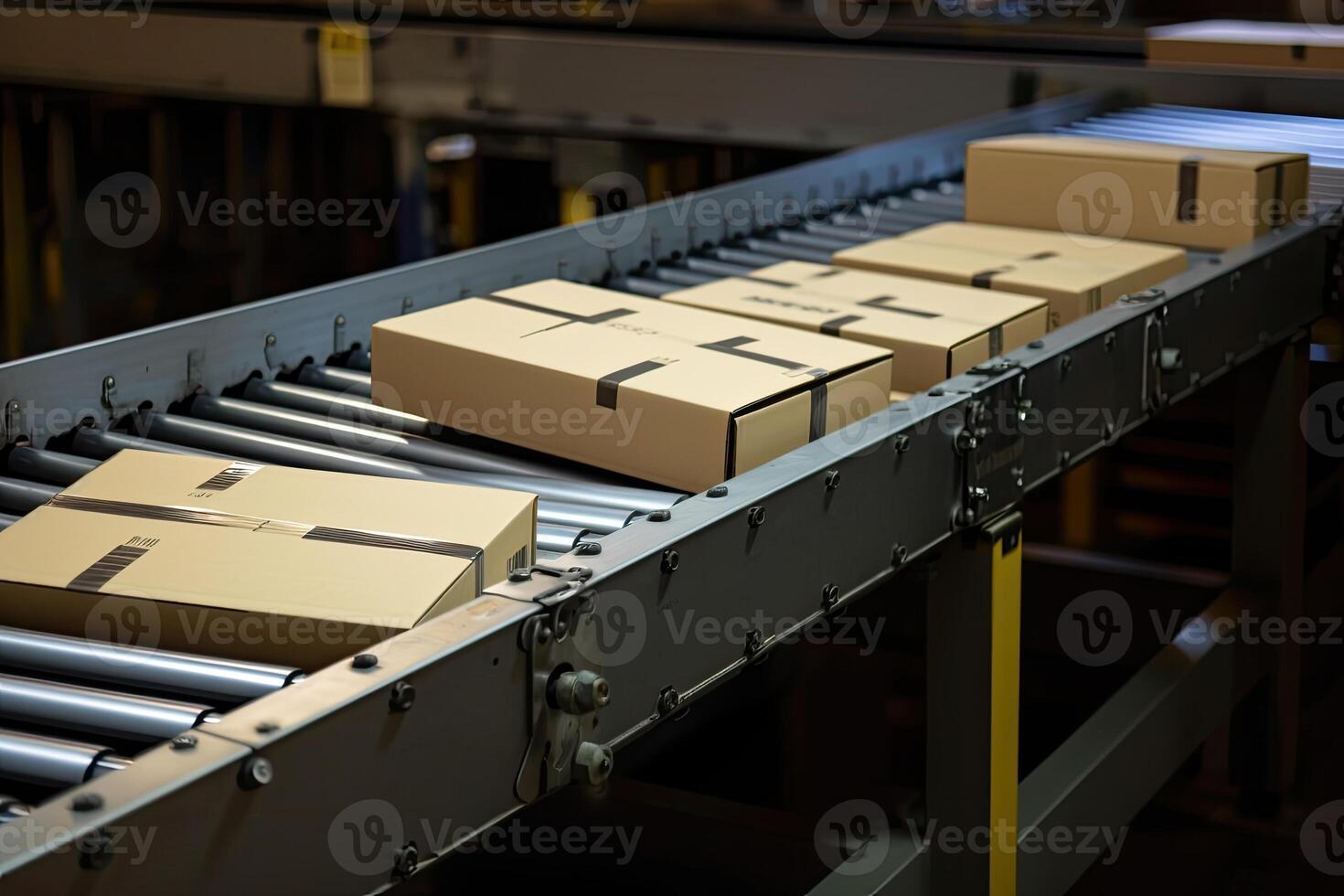 Automatic production line, conveyor belt with boxes. photo