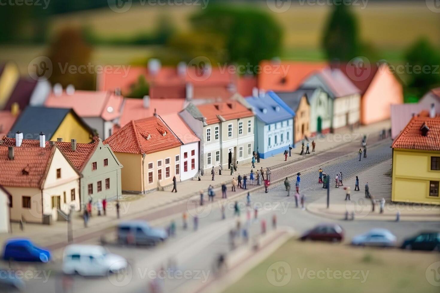City life with living building facades and people walking at street, aerial view. photo