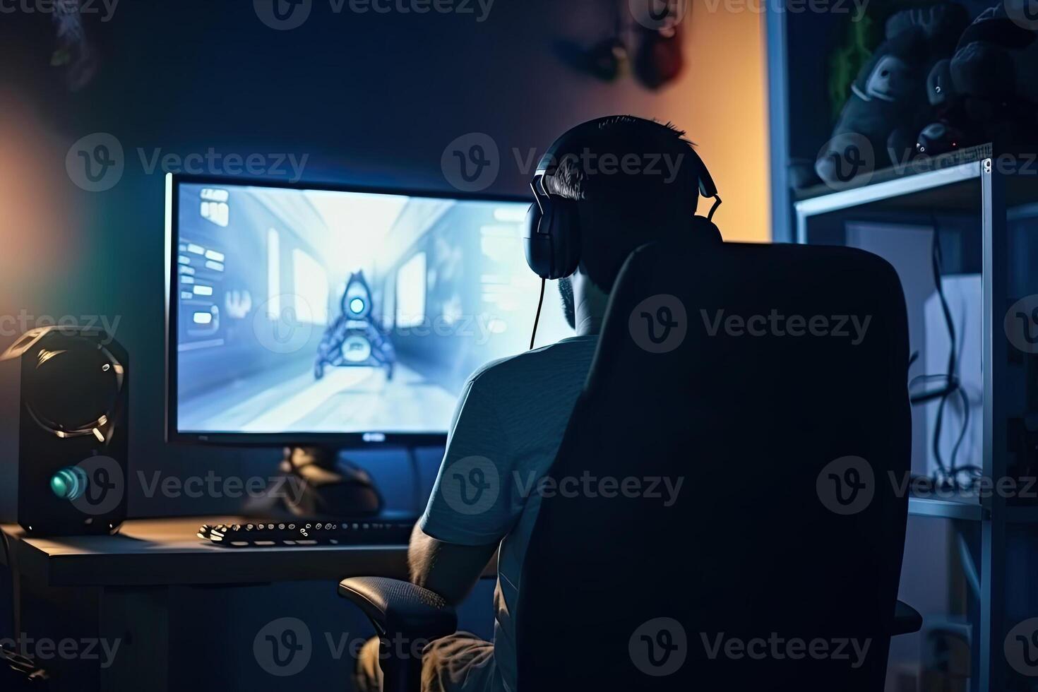 Back view of male gamer playing computer video game. Game addiction. photo