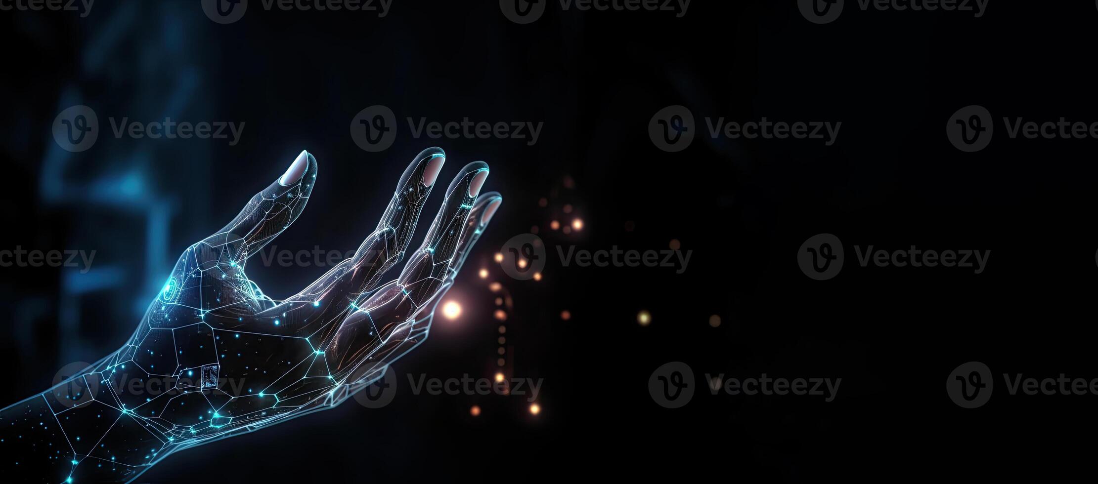 Artificial intelligence hand on dark background. Digital hologram. Futuristic concept. photo