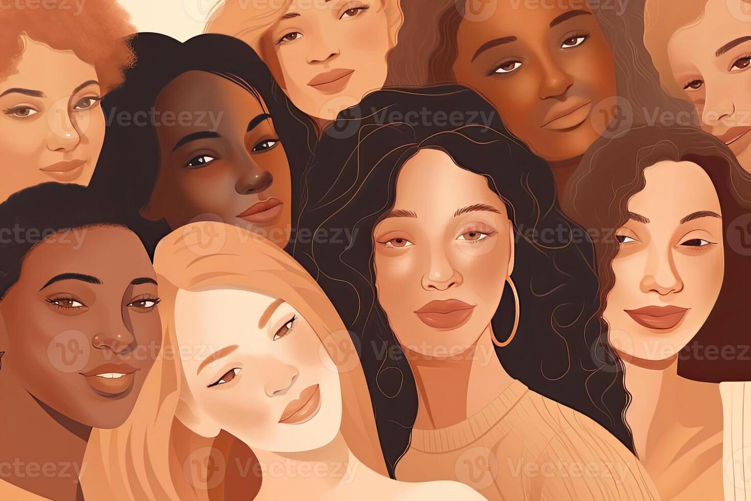 multirracial mujer en pie juntos y sonriente a cámara. diversidad concepto. generativo ai foto