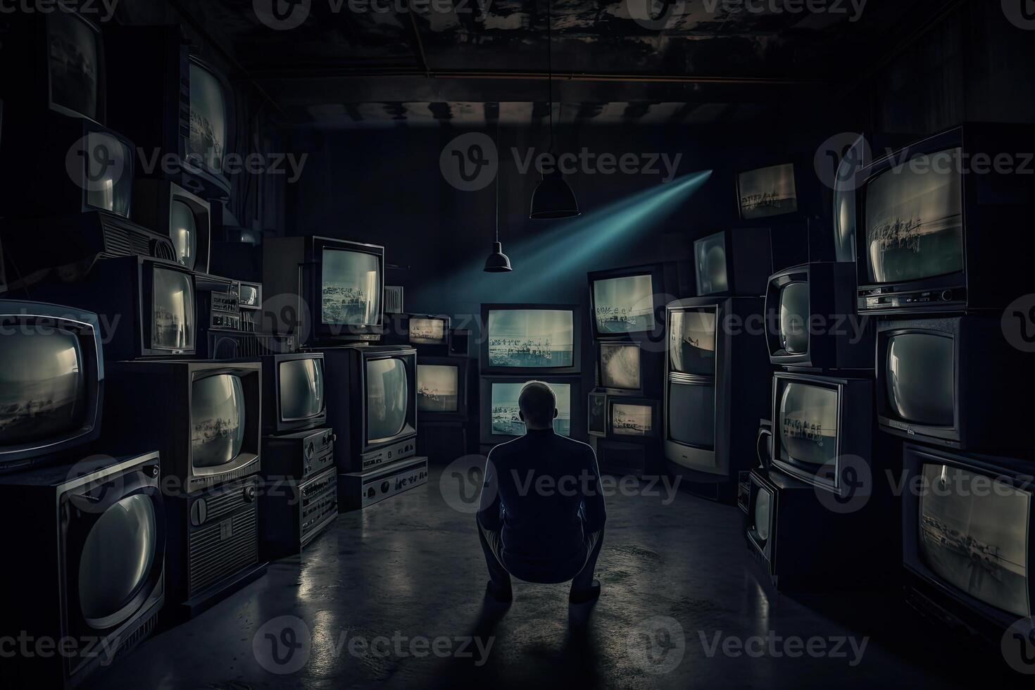 People watching a lot of retro televisions. Propaganda and fake news concept. photo