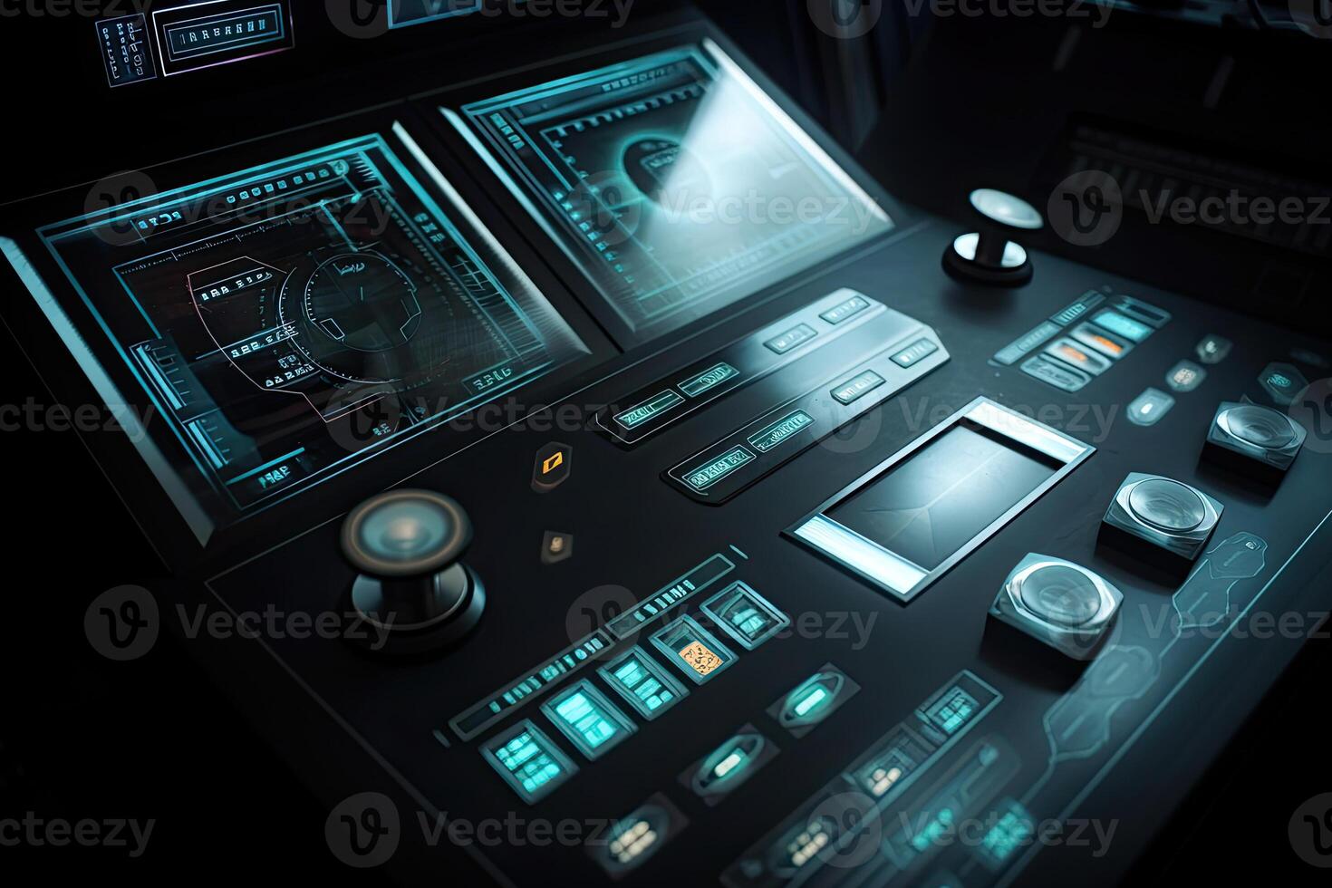 Futuristic central control panel. Operator workplace with a lot of screens and buttons. photo