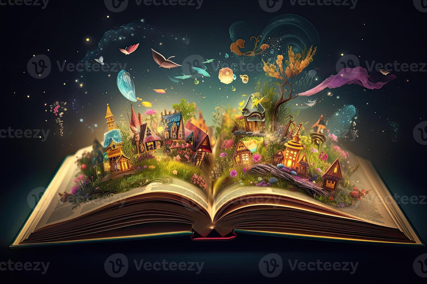 Open magical book with fantasy landscape over pages. Created with photo