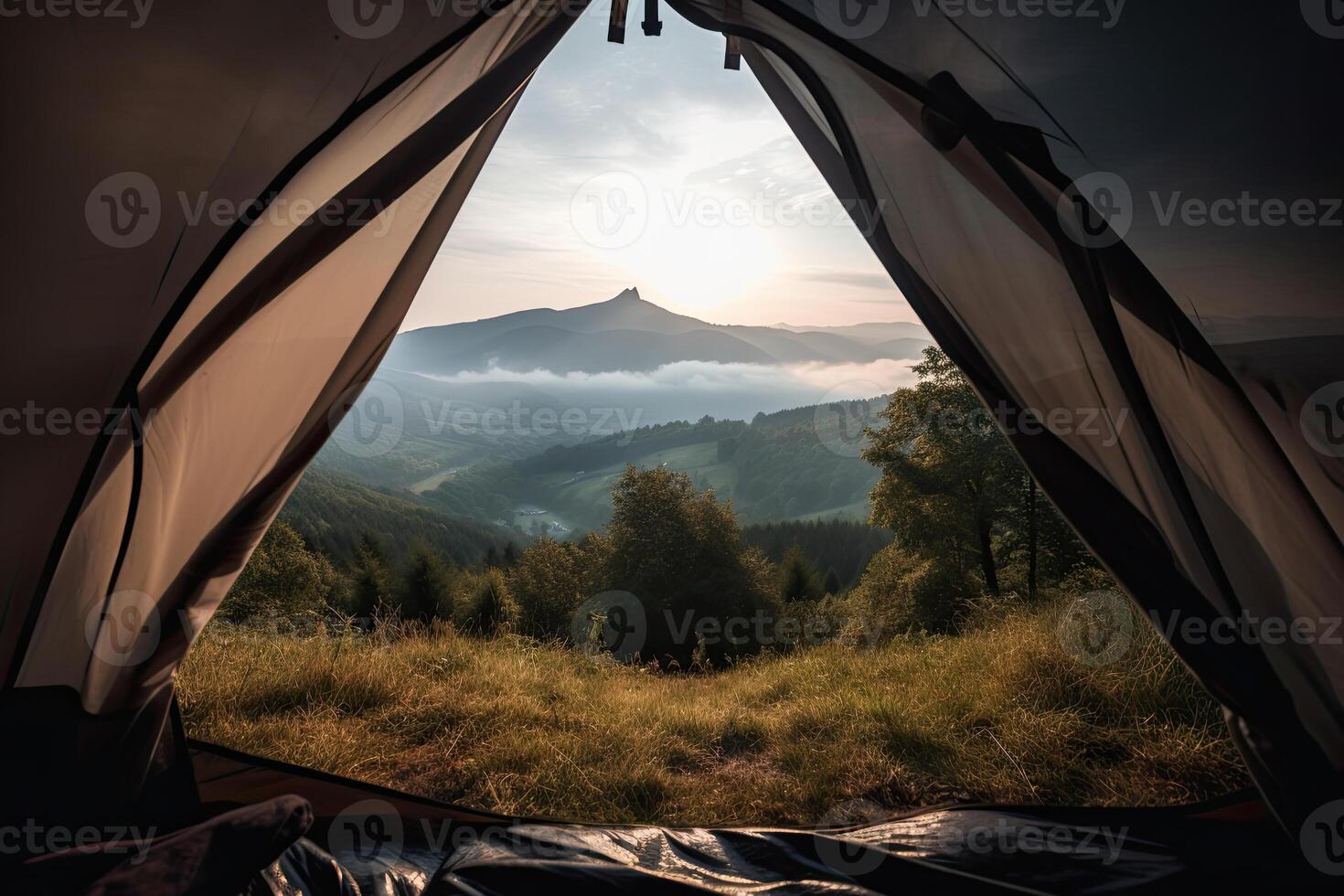 View from inside tent to mountain landscape. photo