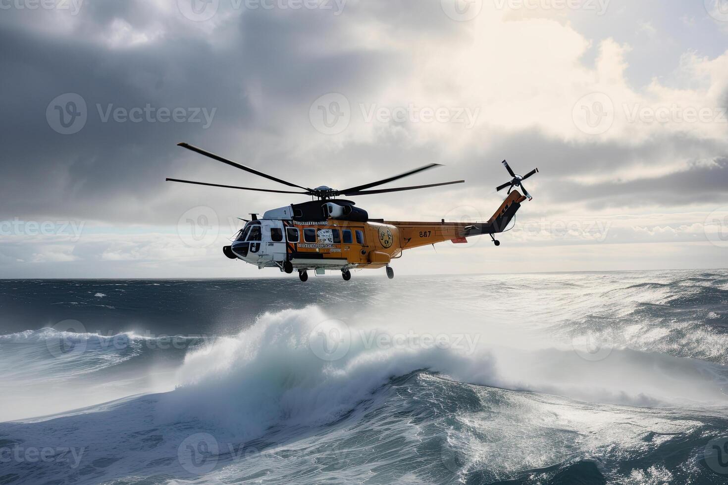 Emergency rescue helicopter flies over sea surface, looking for victims after crash. photo