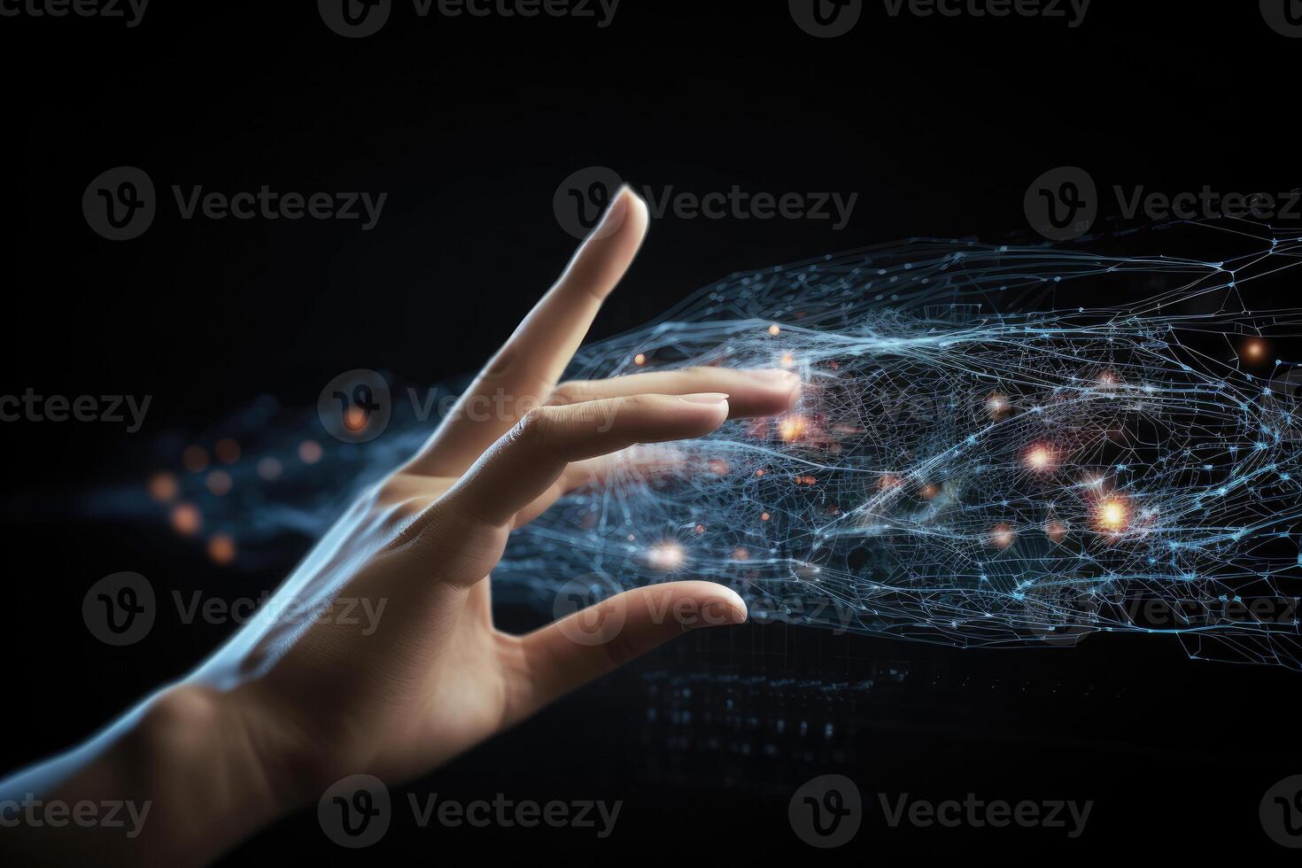 Hand touching digital data network. Communication with artificial intelligence. photo