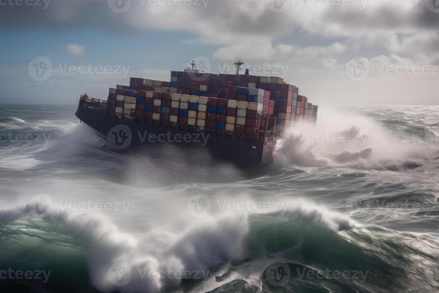 Wrecked cargo ship with conatiners in stormy sea with large waves. photo
