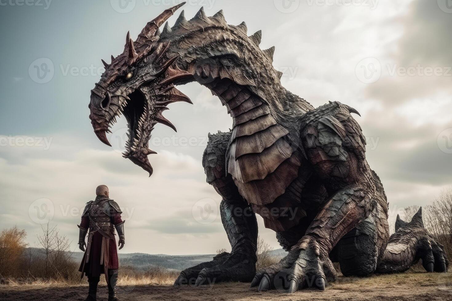 Man stands in front of huge dragon, fantasy world. photo