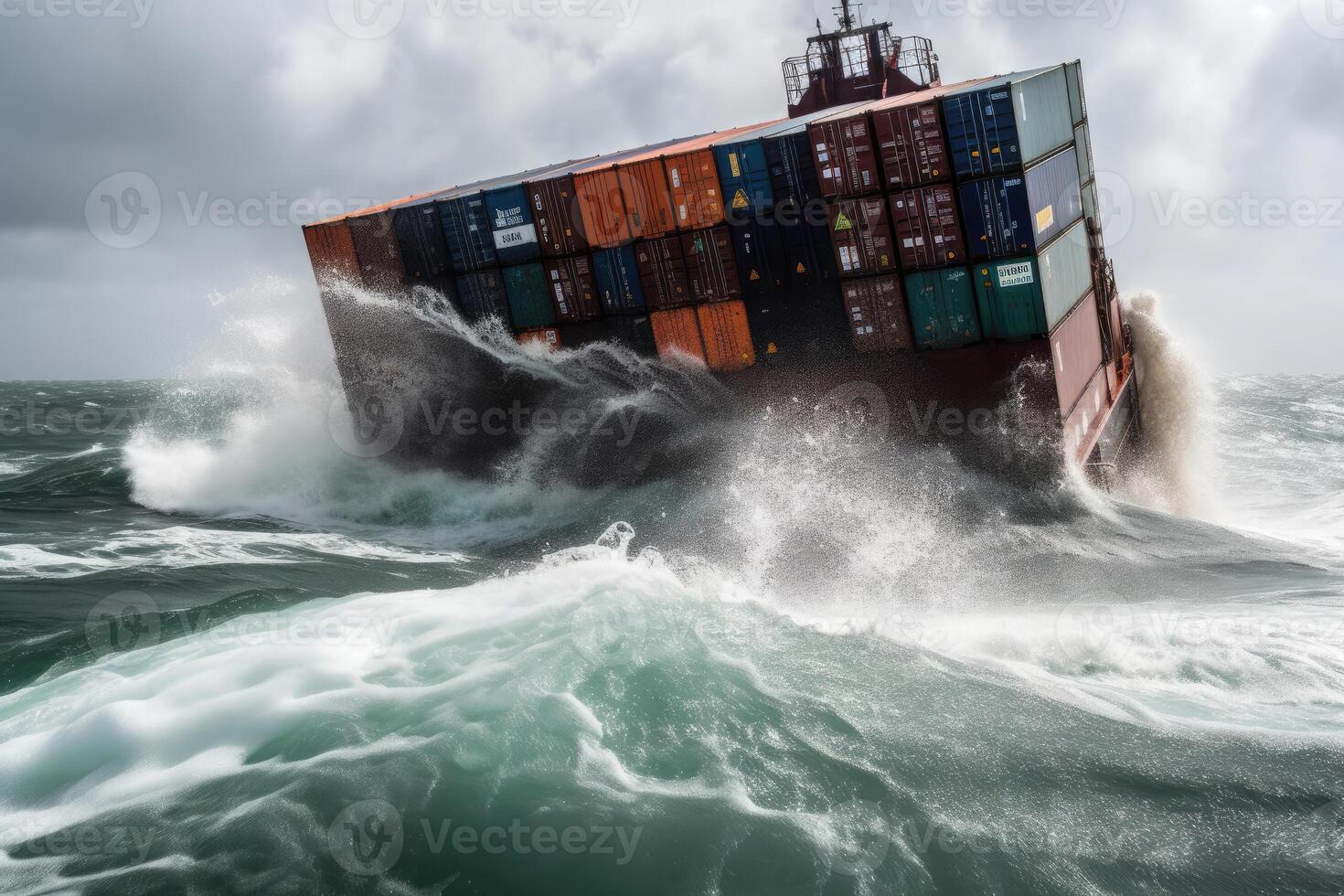 Wrecked cargo ship with conatiners in stormy sea with large waves. photo