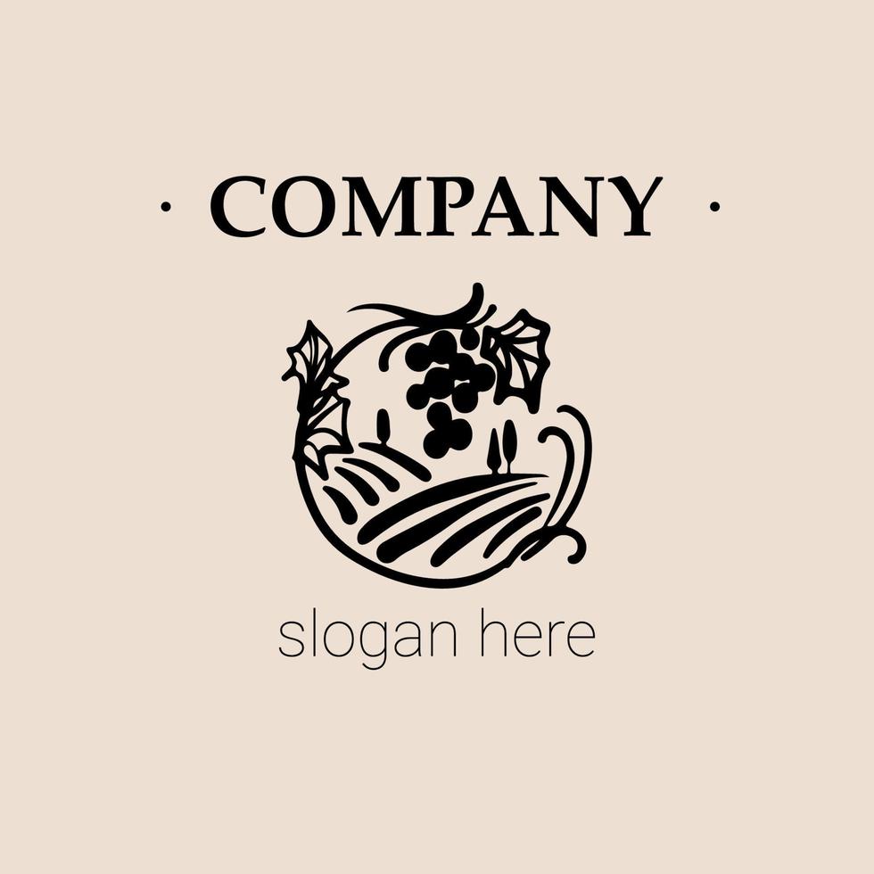 Vector hand-drawn logo Vineyard landscape for wine production, tourism company