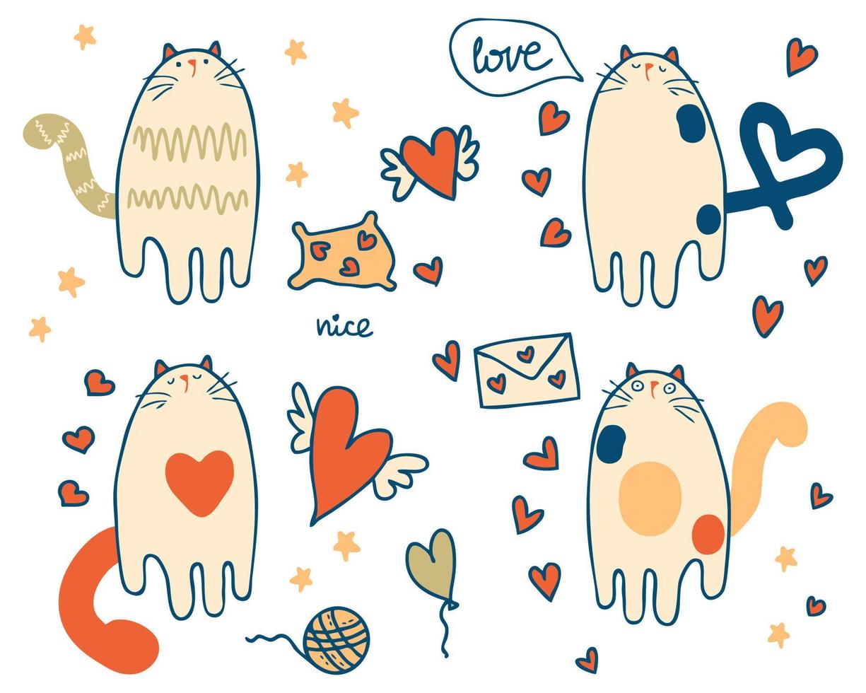 Hand drawn vintage style Valentine's cat collection. Perfect for tee, stickers, poster. vector