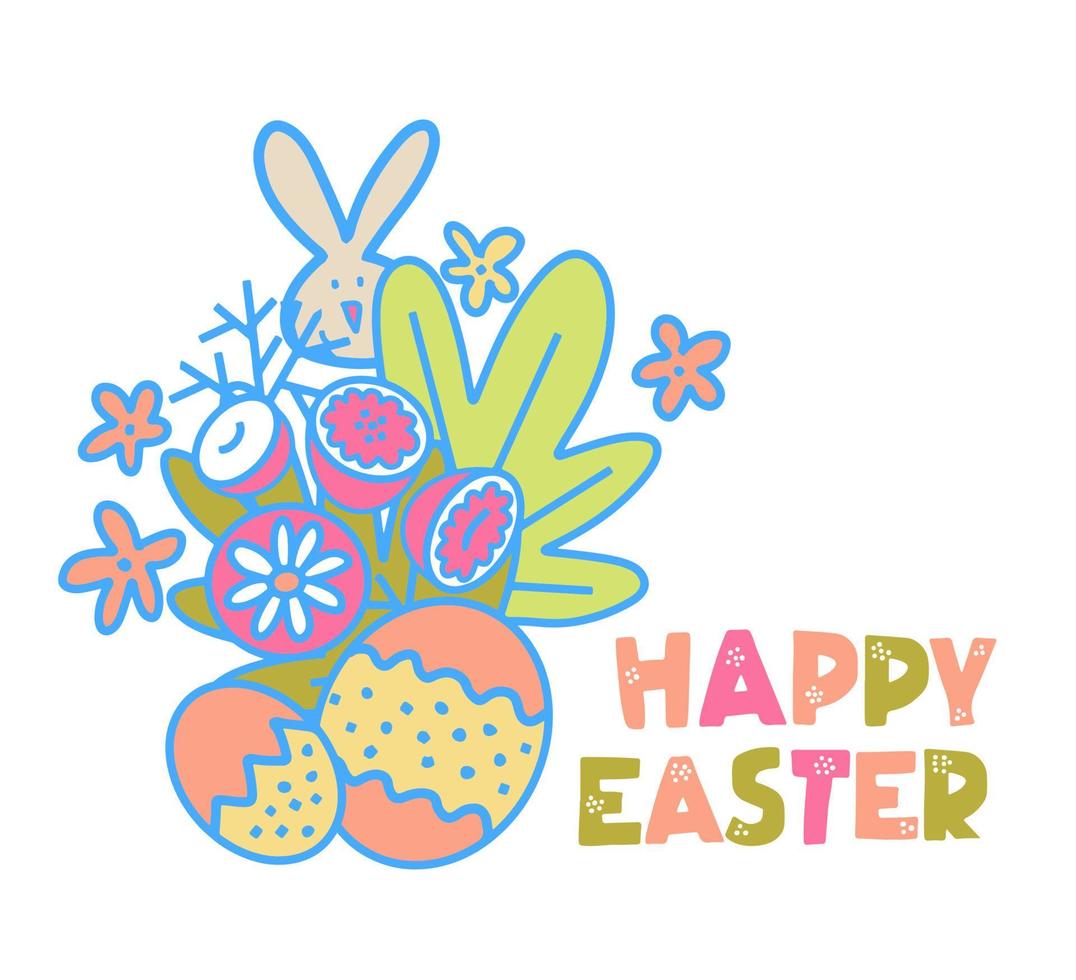 Trendy typographic vector composition with sign Happy Easter and spring related elements. Great poster or card for social networks.