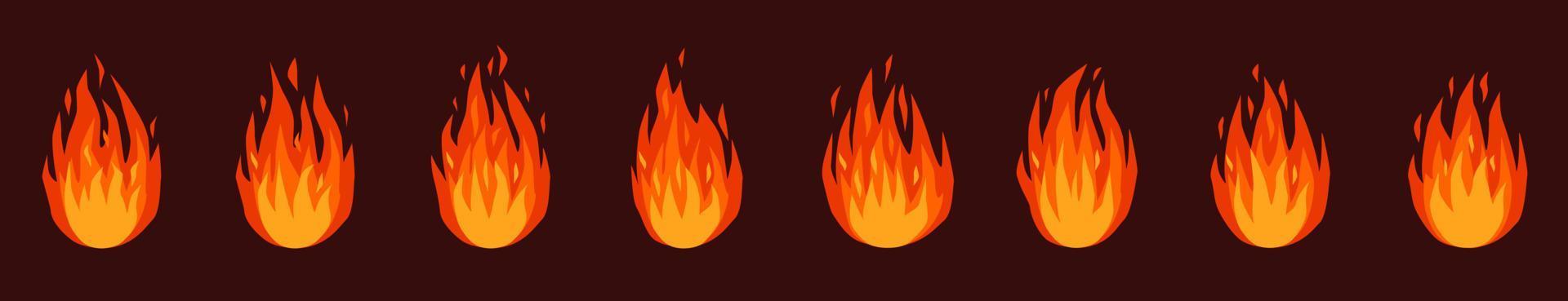 fuego animación. ardiente hoguera o hoguera, antorcha fuego llamas rojo, naranja flameante incendios efecto animado sprites sábana dibujos animados vector conjunto