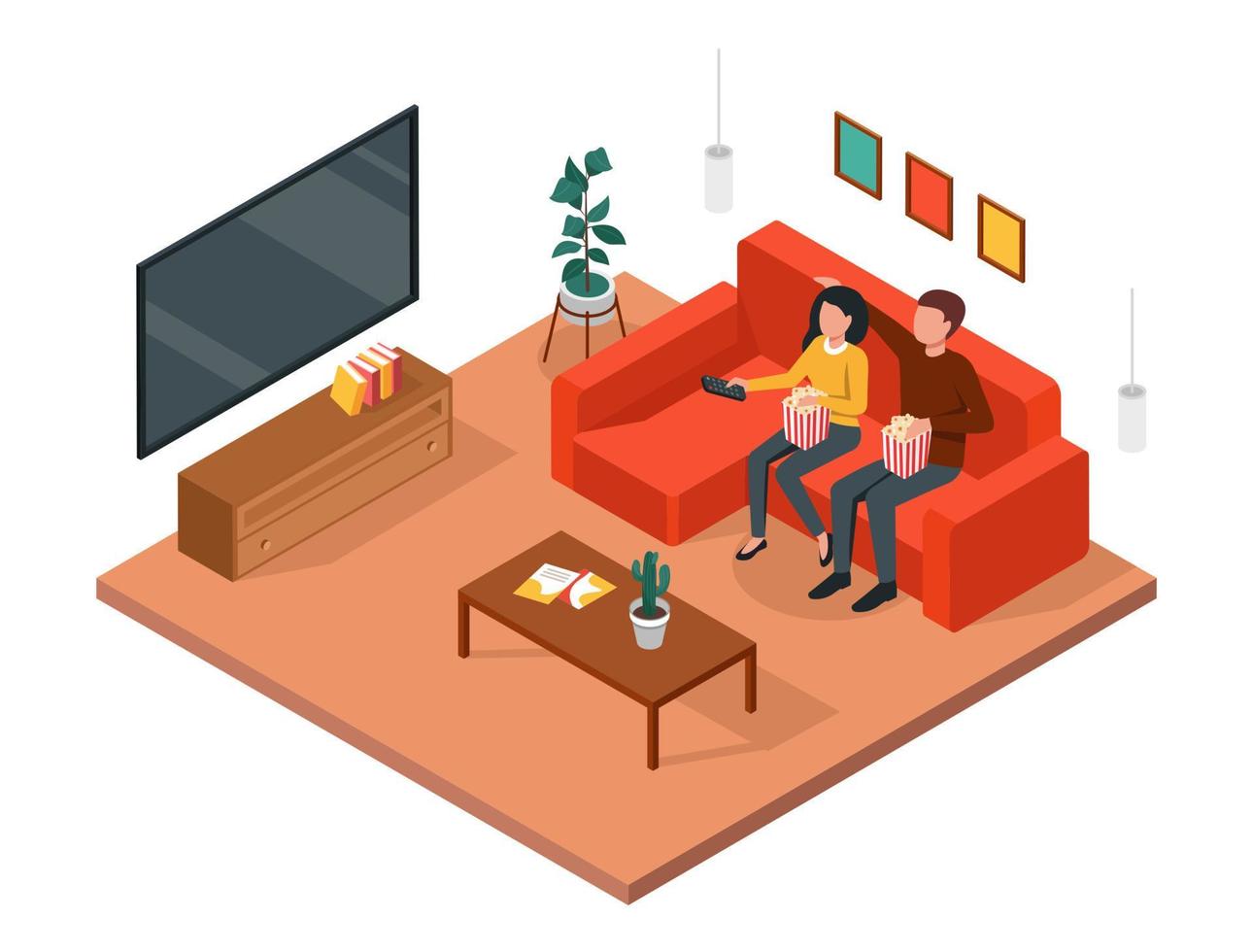 Pareja acecho televisor. hombre y mujer sentado juntos en sofá, disfrutando película, relajante a hogar. vivo habitación interior 3d isométrica vector concepto