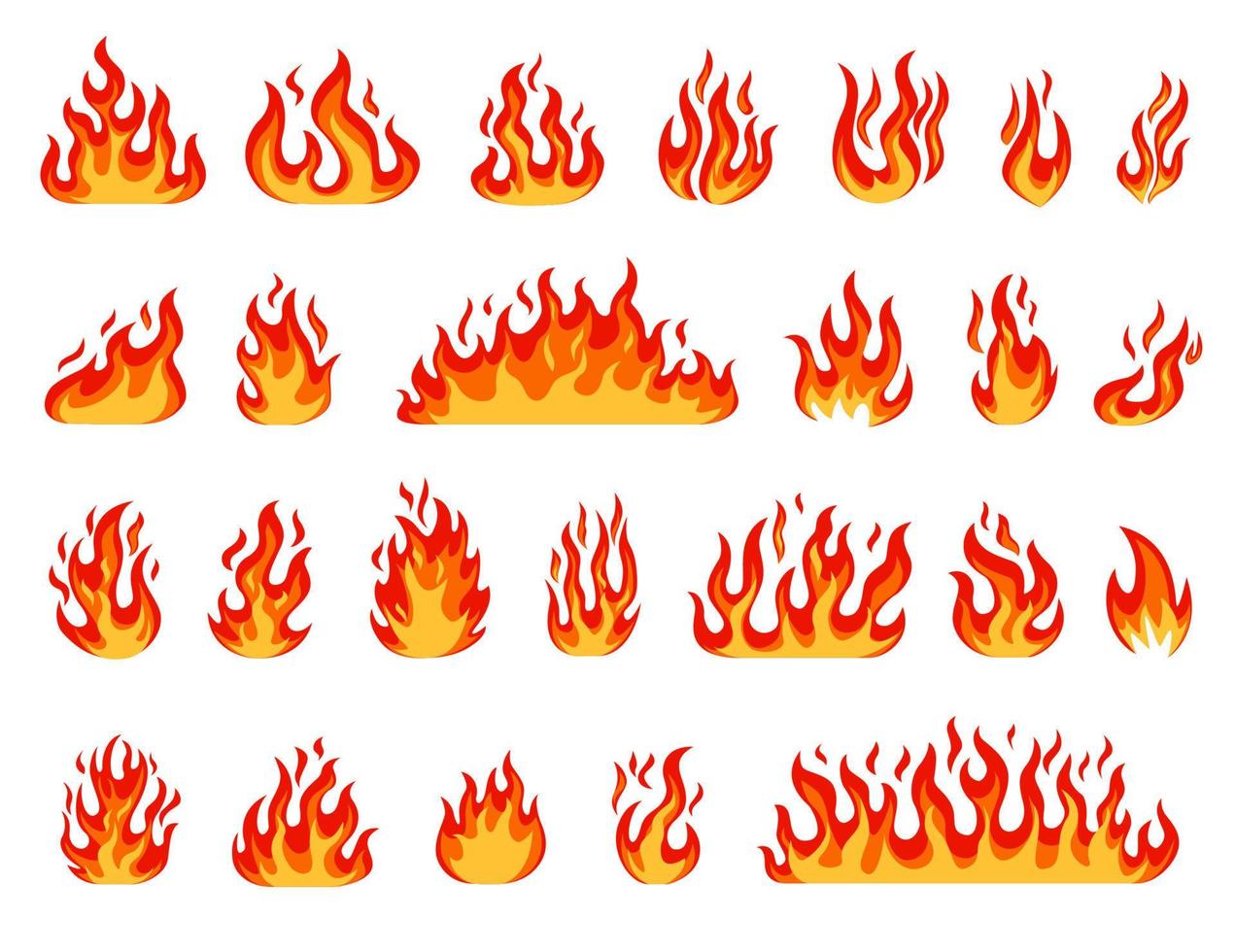 dibujos animados fuego. hoguera llamas, bolas de fuego, ardiente vela o antorcha fuego, flameante fuego. cómic rojo o naranja caliente llameante incendios efecto vector conjunto