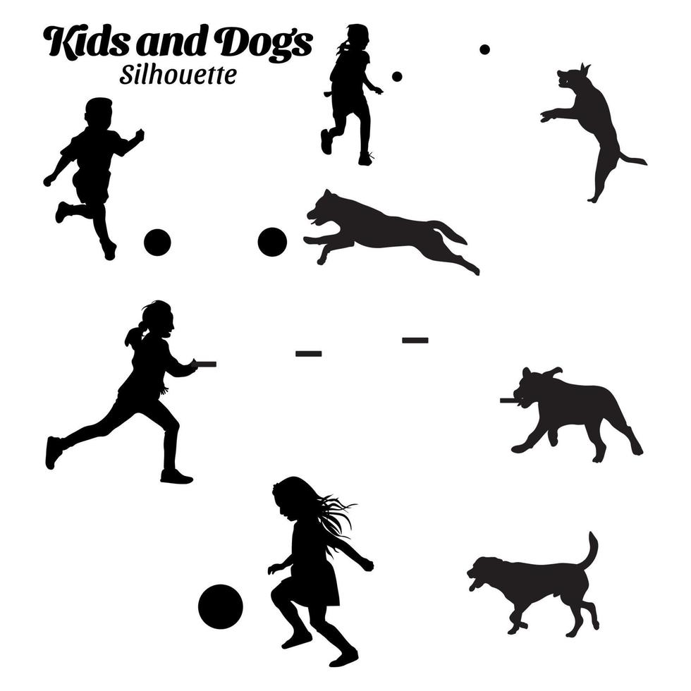 Kids and dog playing silhouette vector illustration.
