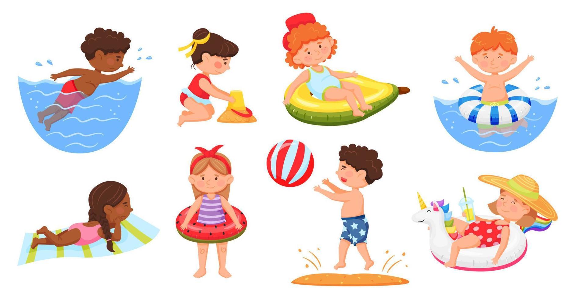 Kids on beach. Boys and girls in swimsuits swimming in sea, building sandcastle. Cartoon joyful children enjoying summer holidays vector set