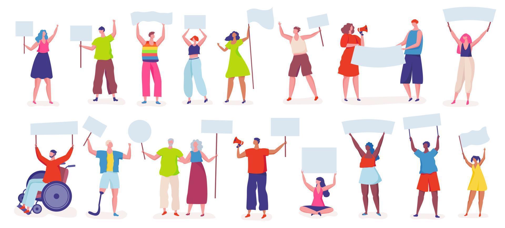 Protesters. People protesting, activists holding signs, banners, placards. Peaceful protest, manifestation, political demonstration vector set